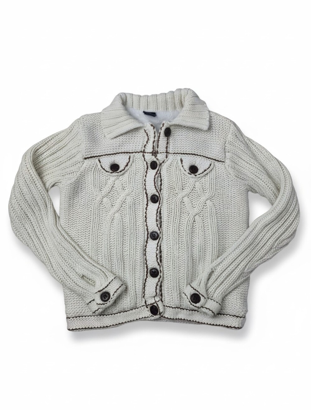 Vtg 2005 GAP Kids Fleece Lined Cable Knit Cardigan Sweater Jacket Cream M (8)